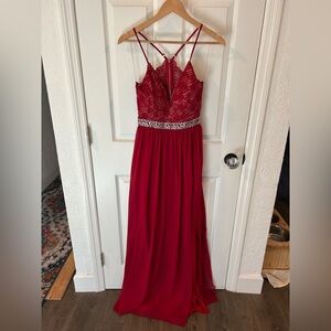 Honey and Rosie Red Lace Prom Dress with Silver Beading